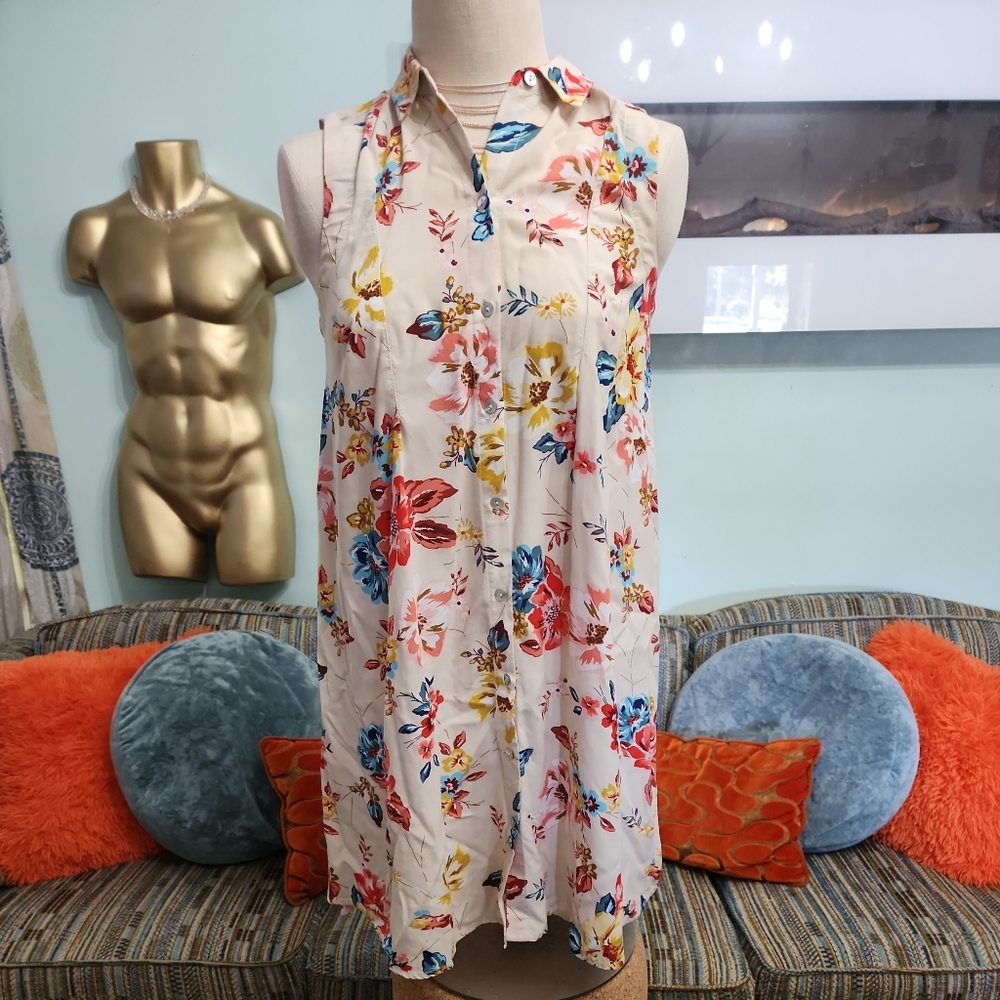 Beach Lunch Lounge Shirt Dress Women's Size S Cream Floral Sleeveless Fall boho.
